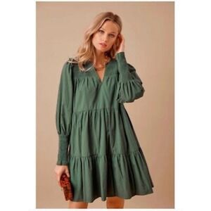 Tuckernuck Pomander Place Ceci Mini Dress Size XS Green Tiered‎ Long Sleeve Mini